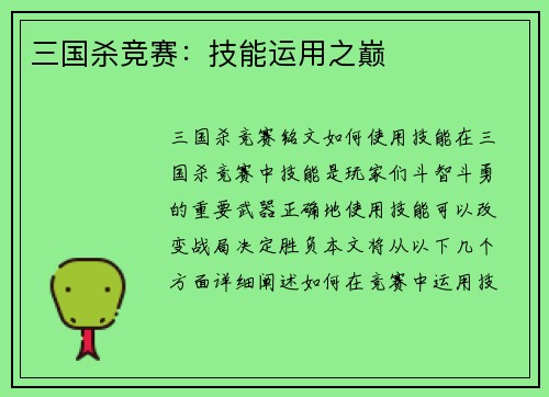 三国杀竞赛：技能运用之巅